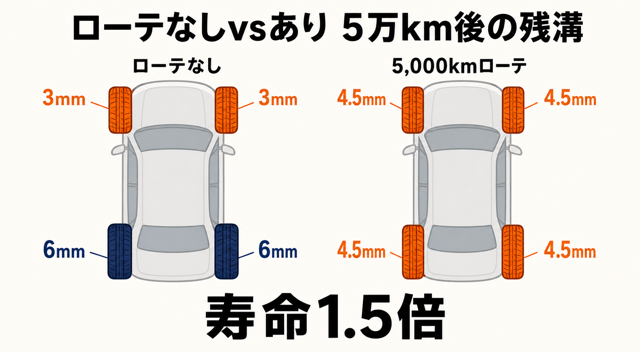 ローテーションあり/なしの摩耗差